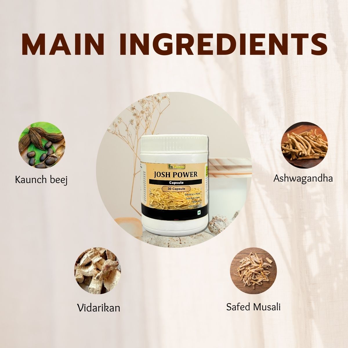 Fit Fusion Ayurveda Josh Power Capsule for Men, Ayurvedic Supplement with Ashwagandha, Safed Musli - View 3